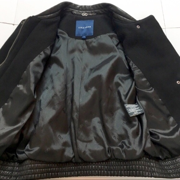 COLE HAAN Leather & Wool Bomber Jacket Black - Picture 8 of 8